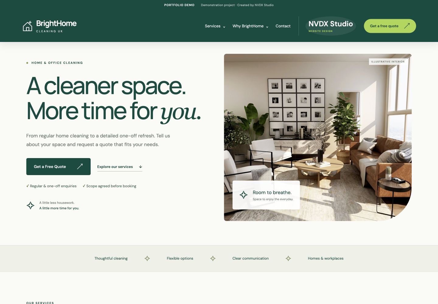 Desktop preview of the BrightHome Cleaning demo website