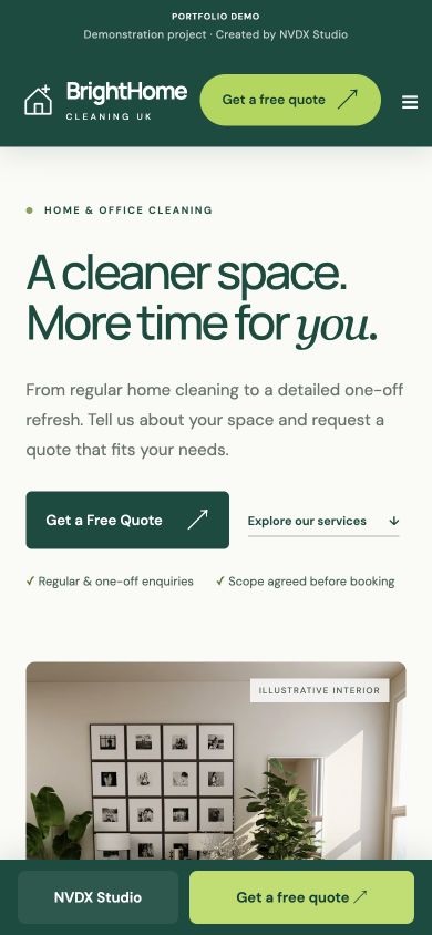 Mobile preview of the BrightHome Cleaning demo website